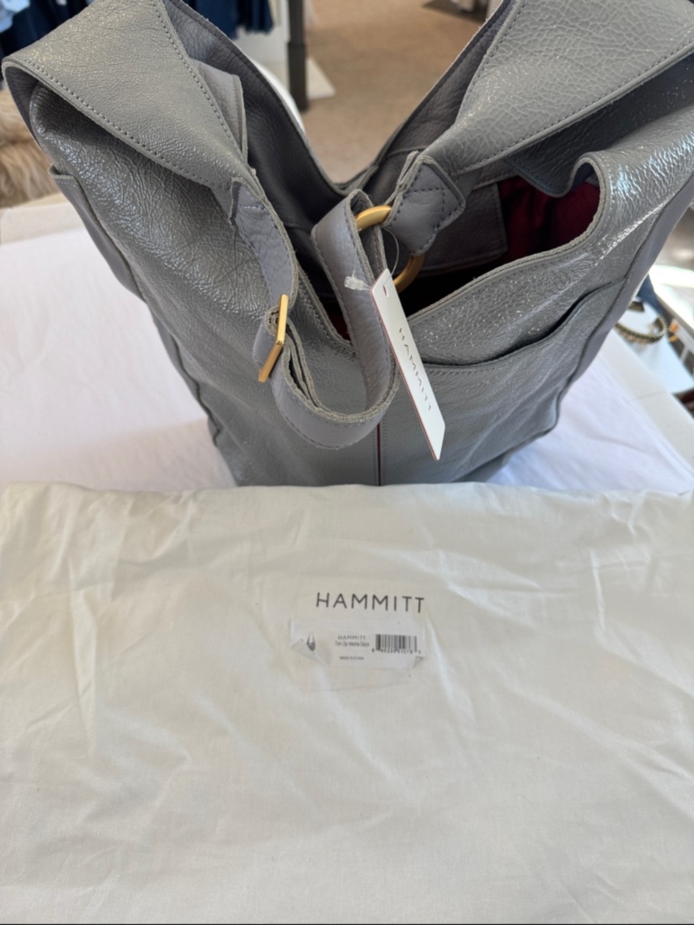 Hammitt Gray Pebbled Leather Shoulder Tote with Gold Rings